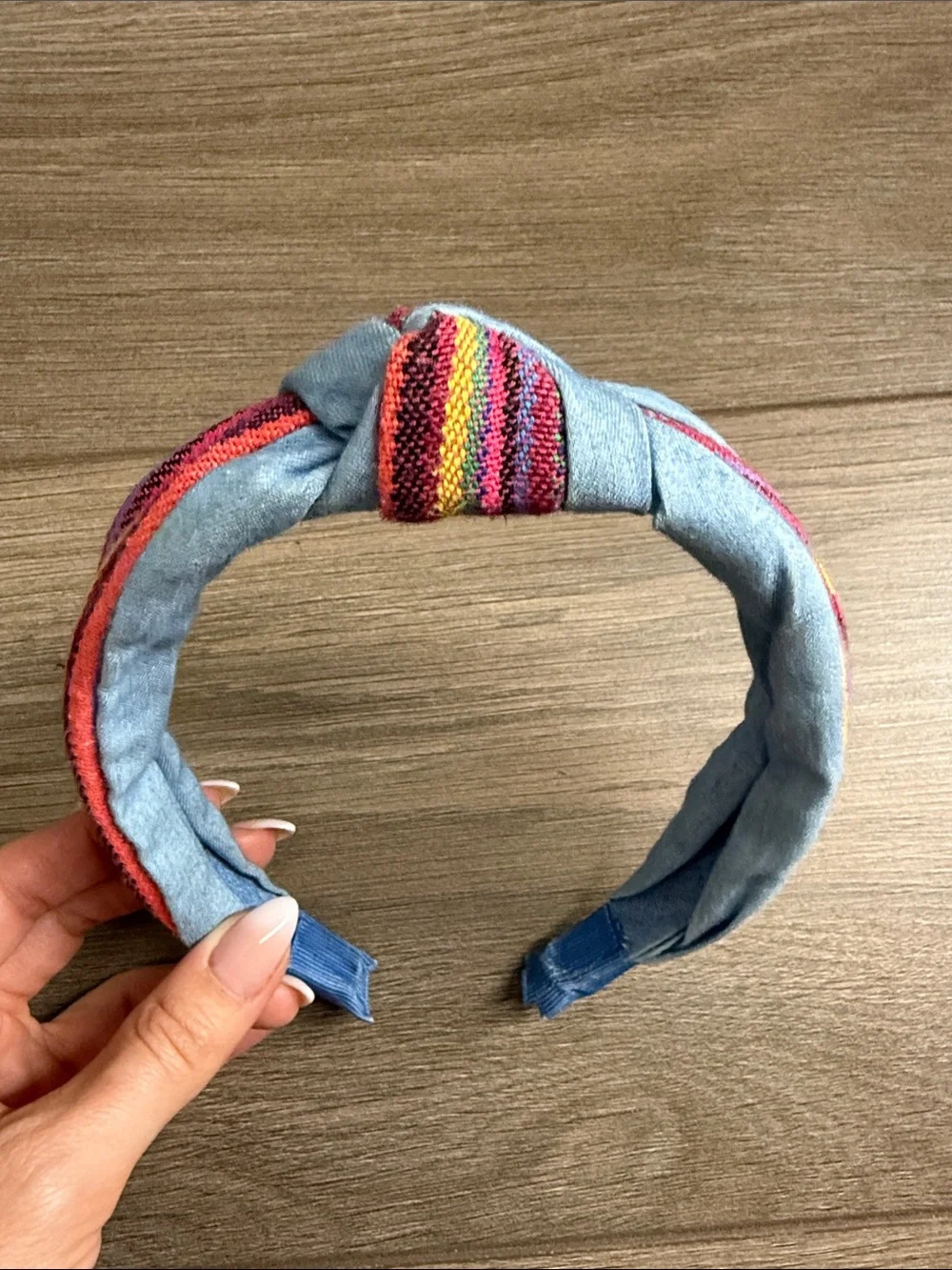 Light Blue Fabric Headband with Multicolor Knotted Accent